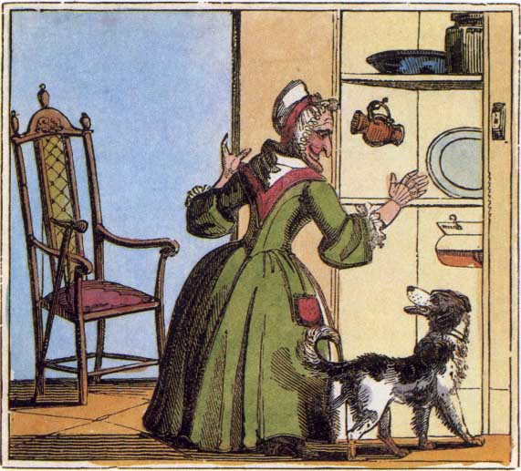 Old Mother Hubbard and her dog at their empty cupboard